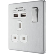 BG Electrical Flatplate Screwless Brushed Steel - Single switched, single pole, with 2 x USB A