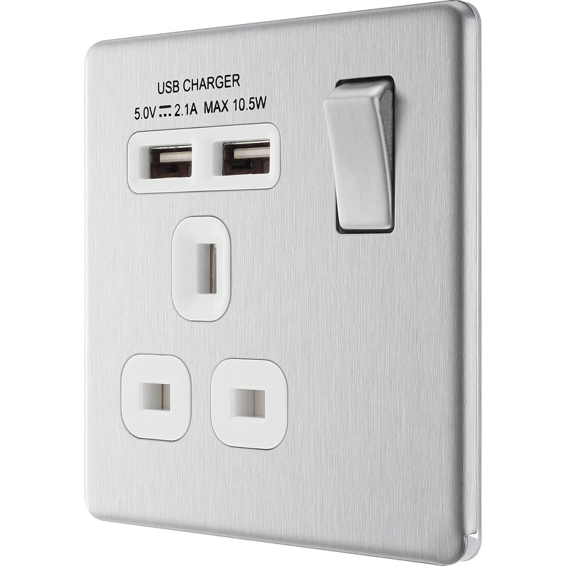 BG Electrical Flatplate Screwless Brushed Steel - Single switched, single pole, with 2 x USB A
