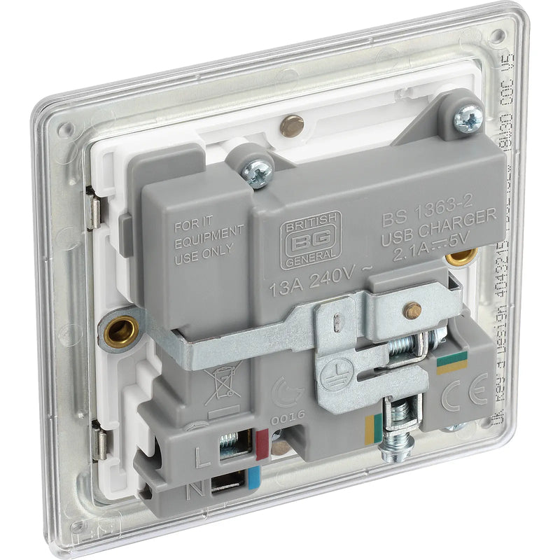 BG Electrical Flatplate Screwless Brushed Steel - Single switched, single pole, with 2 x USB A