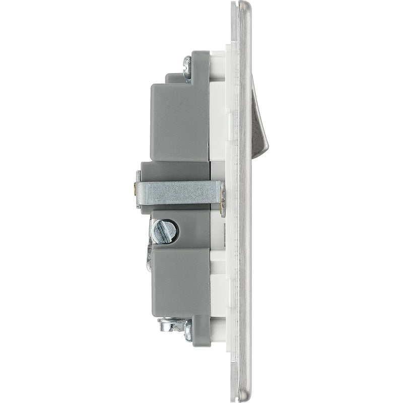 BG Electrical Flatplate Screwless Brushed Steel - Single switched, single pole, with 2 x USB A