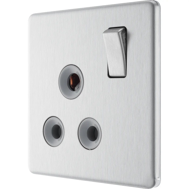 BG Electrical Flatplate Screwless Brushed Steel - 15A, single, switched, round pin