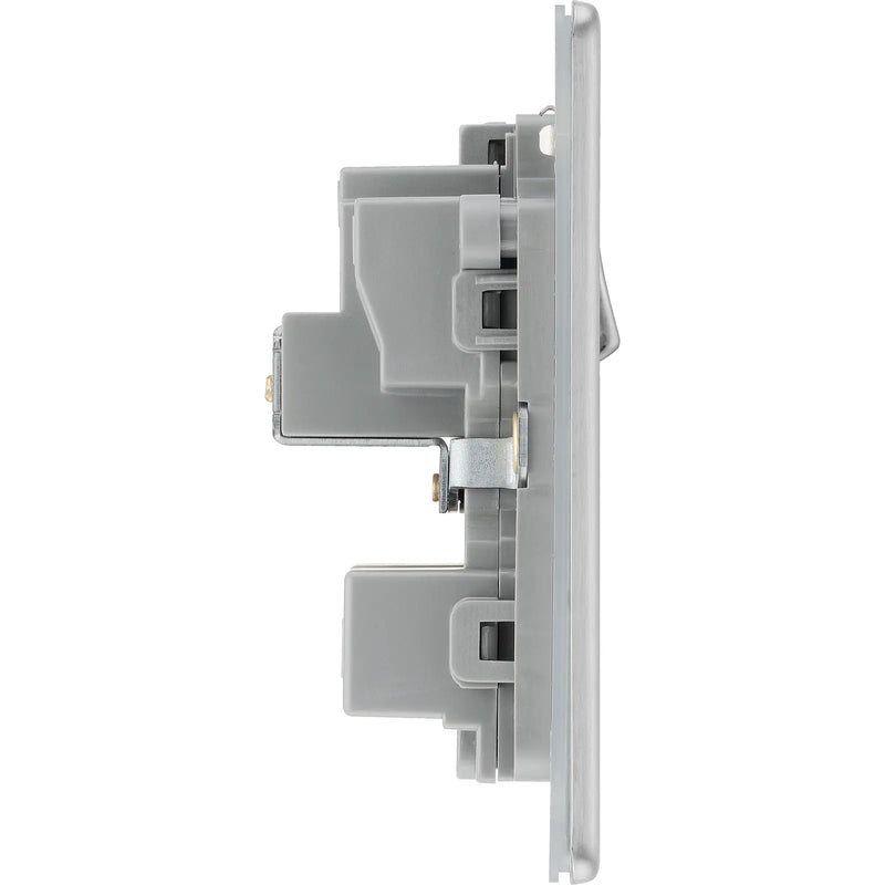 BG Electrical Flatplate Screwless Brushed Steel - 15A, single, switched, round pin