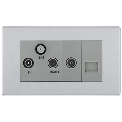 BG Electrical Flatplate Screwless Brushed Steel - Triplex with BT outlet and co-axial return - screened