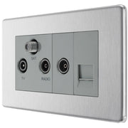 BG Electrical Flatplate Screwless Brushed Steel - Triplex with BT outlet and co-axial return - screened