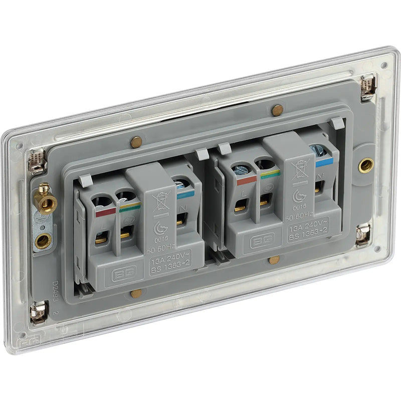 BG Electrical Flatplate Screwless Brushed Steel - Double unswitched, double pole