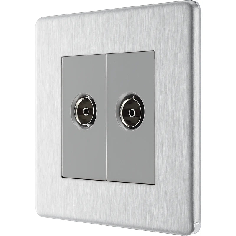 BG Electrical Flatplate Screwless Brushed Steel - Double, isolated, co-axial