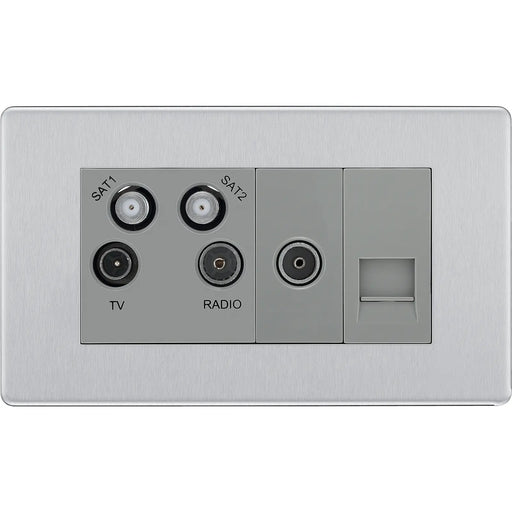 BG Electrical Flatplate Screwless Brushed Steel - Quadplex, 2 x sat, BT outlet and co-ax returned - screened