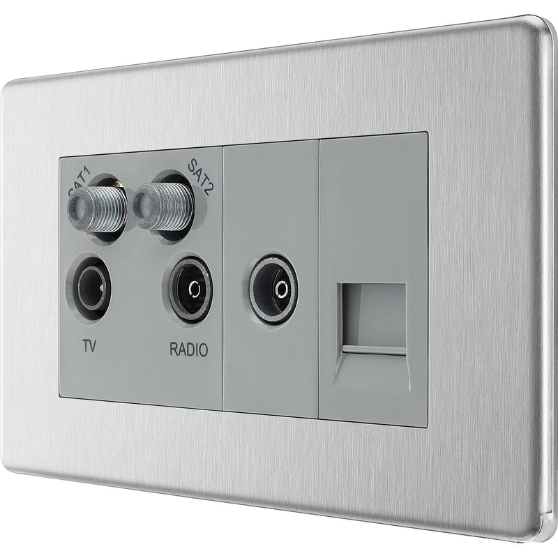 BG Electrical Flatplate Screwless Brushed Steel - Quadplex, 2 x sat, BT outlet and co-ax returned - screened