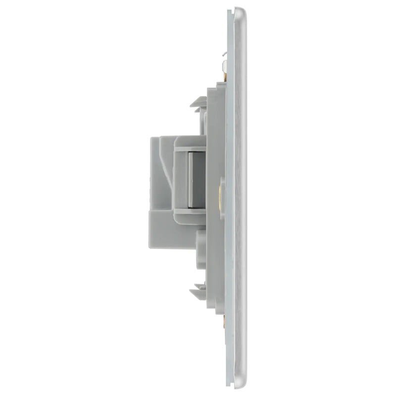 BG Electrical Flatplate Screwless Brushed Steel - 2A, single, unswitched, round pin