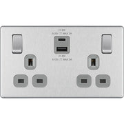 BG Electrical Flatplate Screwless Brushed Steel - Double switched single pole, with USB A + C (22W)