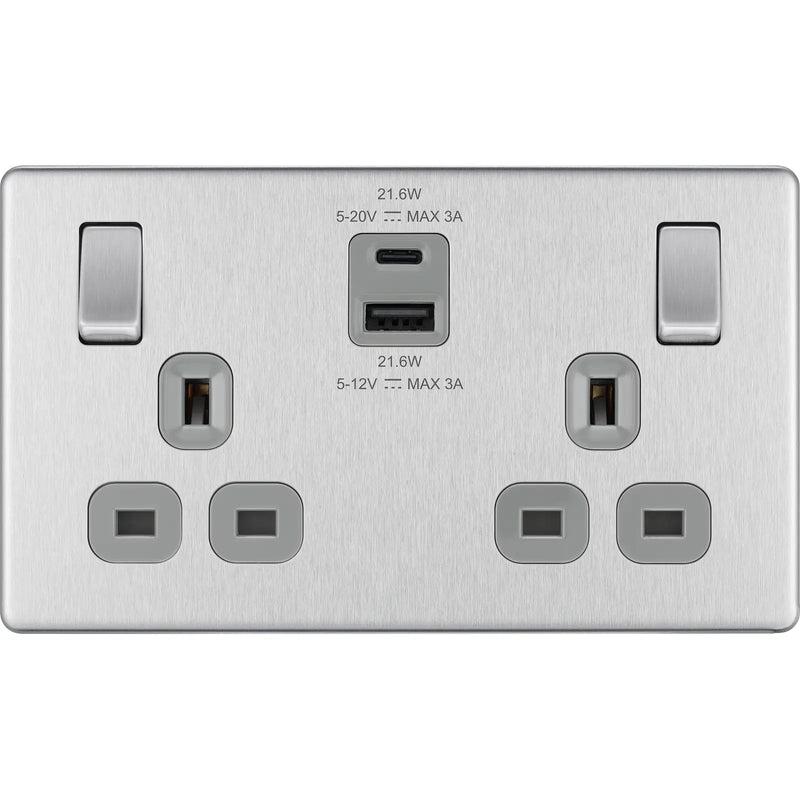 BG Electrical Flatplate Screwless Brushed Steel - Double switched single pole, with USB A + C (22W)