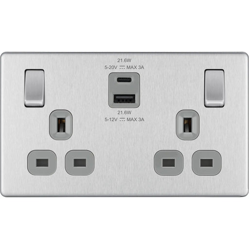 BG Electrical Flatplate Screwless Brushed Steel - Double switched single pole, with USB A + C (22W)