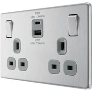 BG Electrical Flatplate Screwless Brushed Steel - Double switched single pole, with USB A + C (22W)