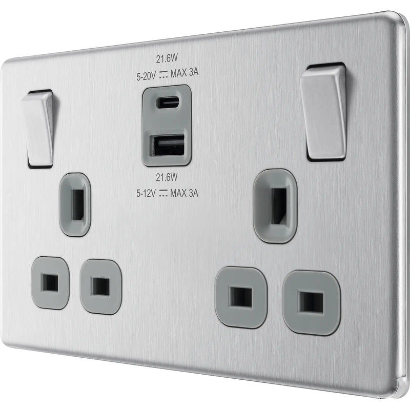BG Electrical Flatplate Screwless Brushed Steel - Double switched single pole, with USB A + C (22W)