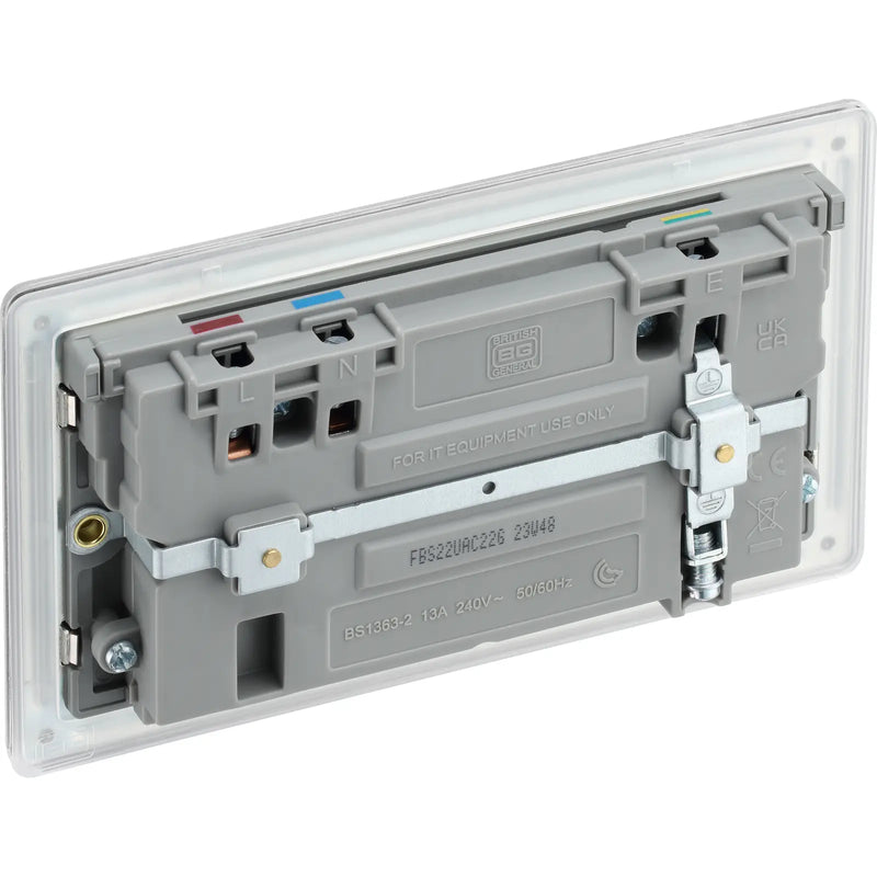 BG Electrical Flatplate Screwless Brushed Steel - Double switched single pole, with USB A + C (22W)