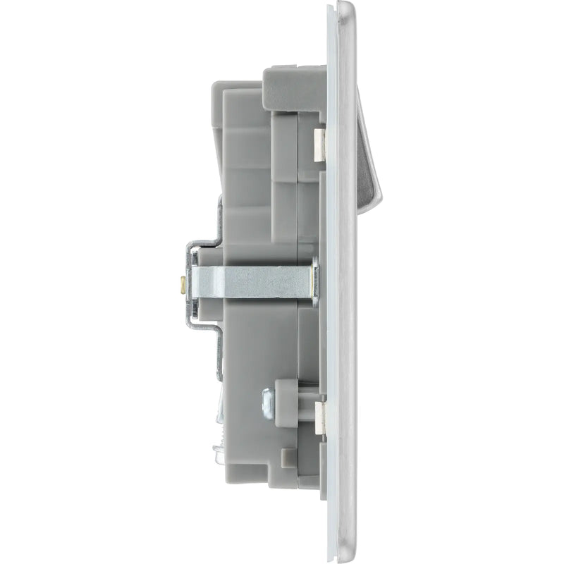 BG Electrical Flatplate Screwless Brushed Steel - Double switched single pole, with USB A + C (22W)