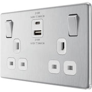 BG Electrical Flatplate Screwless Brushed Steel - Double switched single pole, with USB A + C (22W)