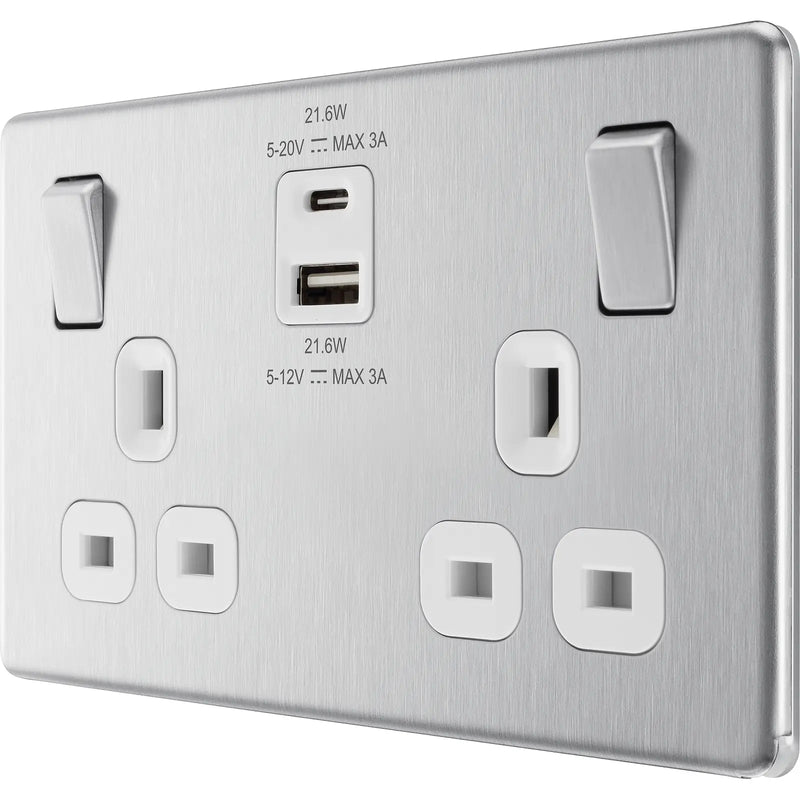 BG Electrical Flatplate Screwless Brushed Steel - Double switched single pole, with USB A + C (22W)