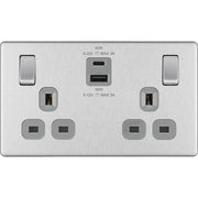 BG Electrical Flatplate Screwless Brushed Steel - Double switched single pole, with USB A + C (45W)