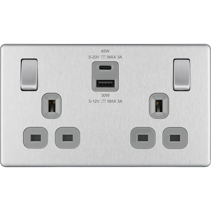 BG Electrical Flatplate Screwless Brushed Steel - Double switched single pole, with USB A + C (45W)