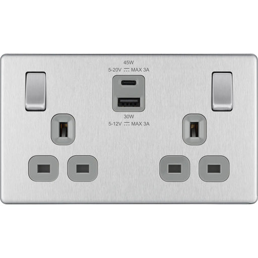 BG Electrical Flatplate Screwless Brushed Steel - Double switched single pole, with USB A + C (45W)