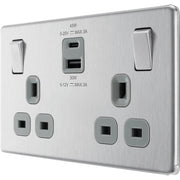 BG Electrical Flatplate Screwless Brushed Steel - Double switched single pole, with USB A + C (45W)