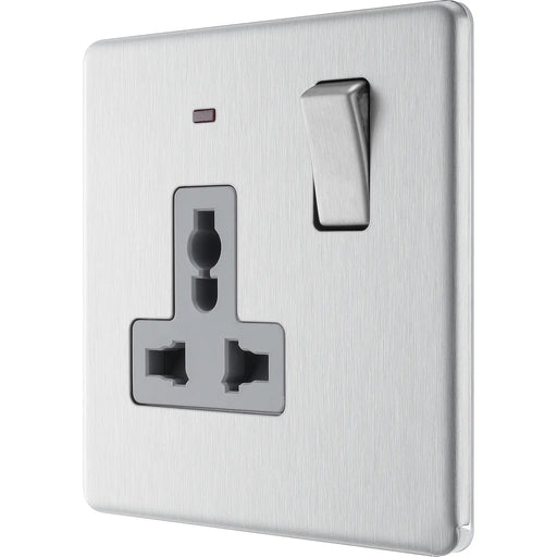 BG Electrical Flatplate Screwless Brushed Steel - Single, switched, universal with indicator (export only)