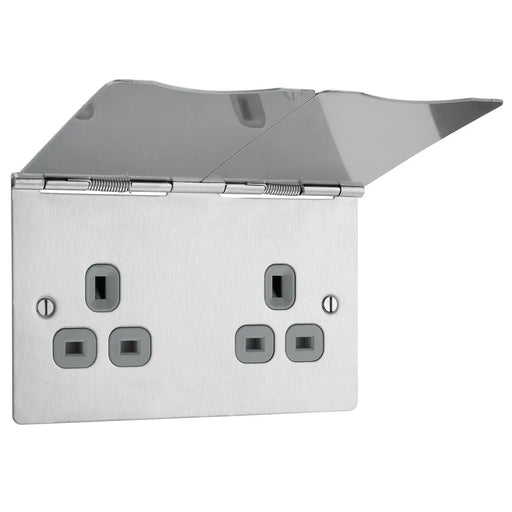BG Electrical Flatplate Screwless Brushed Steel - Double, unswitched, floor socket