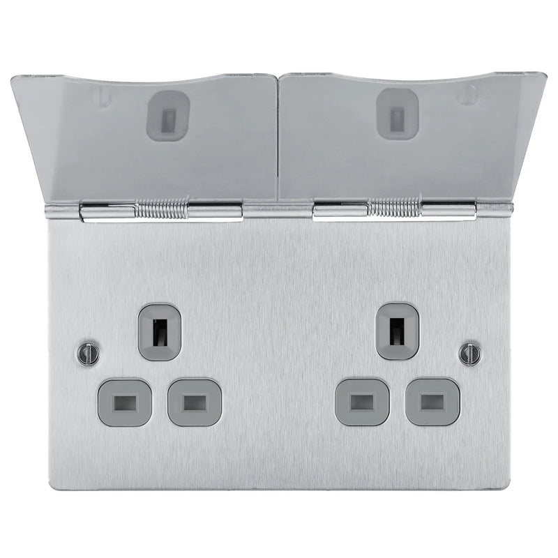 BG Electrical Flatplate Screwless Brushed Steel - Double, unswitched, floor socket