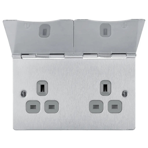 BG Electrical Flatplate Screwless Brushed Steel - Double, unswitched, floor socket