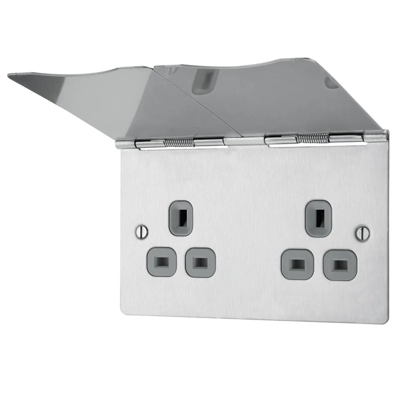 BG Electrical Flatplate Screwless Brushed Steel - Double, unswitched, floor socket