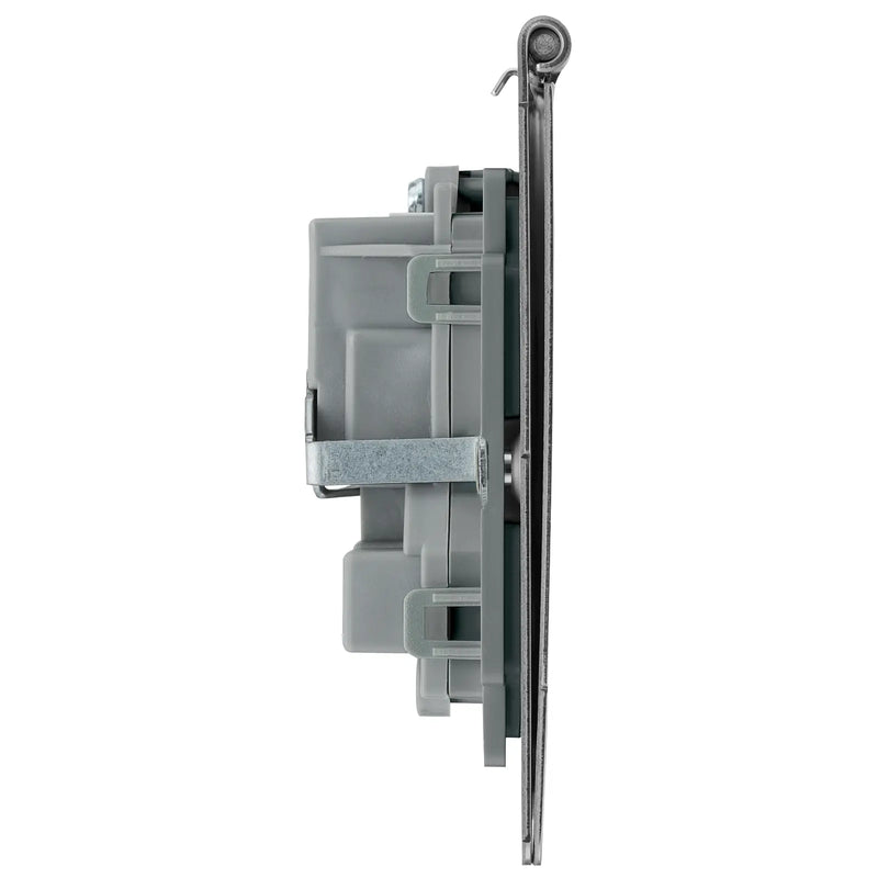 BG Electrical Flatplate Screwless Brushed Steel - Double, unswitched, floor socket
