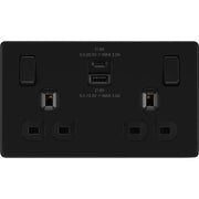 BG Electrical Flatplate Screwless Matt Black - Double switched single pole, with USB A + C (22W)