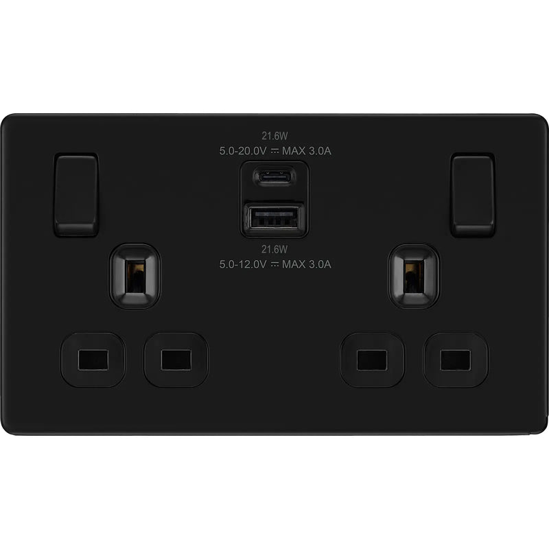 BG Electrical Flatplate Screwless Matt Black - Double switched single pole, with USB A + C (22W)