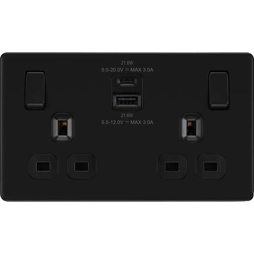 BG Electrical Flatplate Screwless Matt Black - Double switched single pole, with USB A + C (22W)