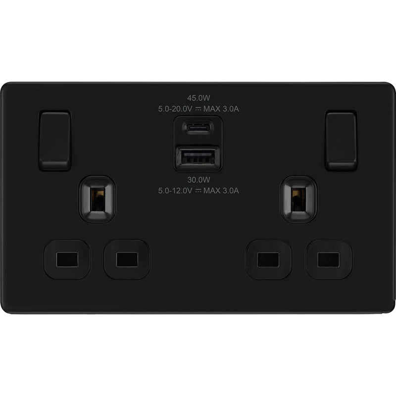BG Electrical Flatplate Screwless Matt Black - Double switched single pole, with USB A + C (45W)