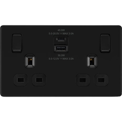 BG Electrical Flatplate Screwless Matt Black - Double switched single pole, with USB A + C (45W)