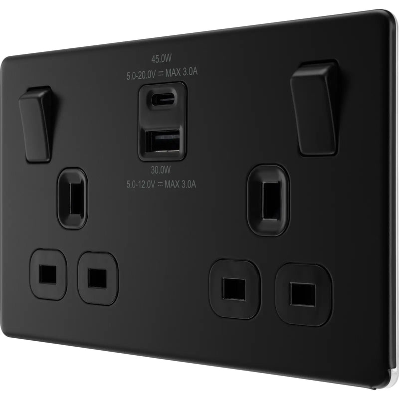 BG Electrical Flatplate Screwless Matt Black - Double switched single pole, with USB A + C (45W)