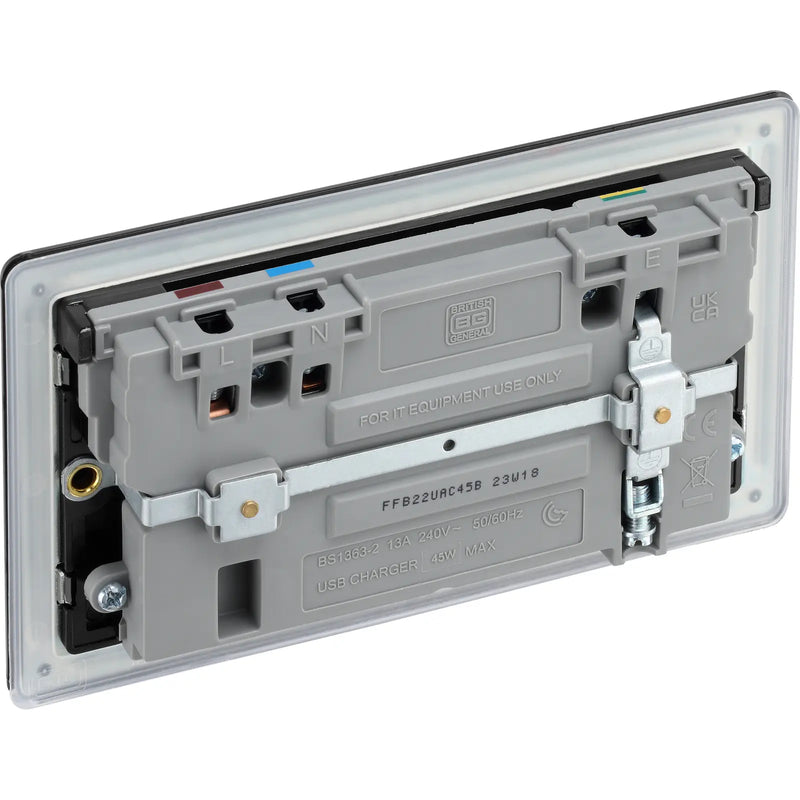 BG Electrical Flatplate Screwless Matt Black - Double switched single pole, with USB A + C (45W)