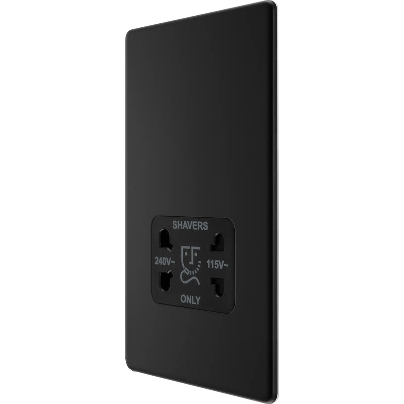 BG Electrical Flatplate Screwless Matt Black - 115/240V dual voltage shaver socket
