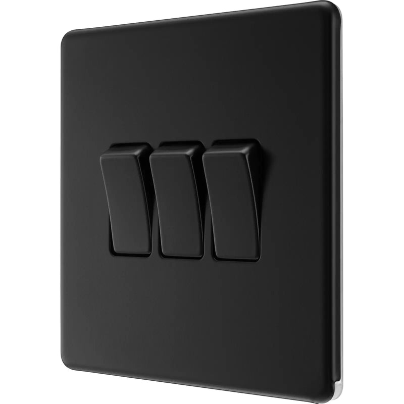 BG Electrical Flatplate Screwless Matt Black - Triple, 2 way switch