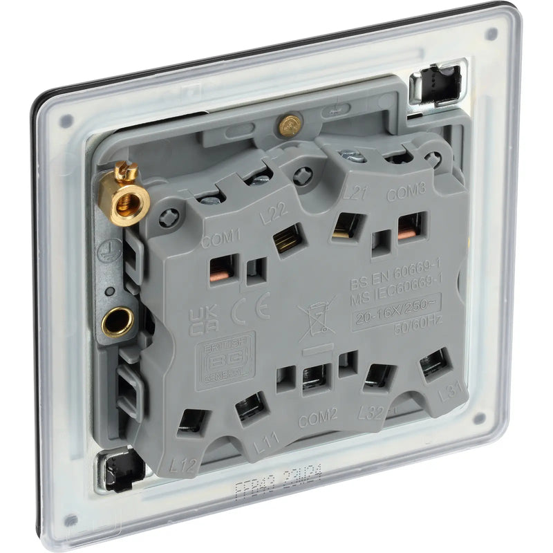 BG Electrical Flatplate Screwless Matt Black - Triple, 2 way switch