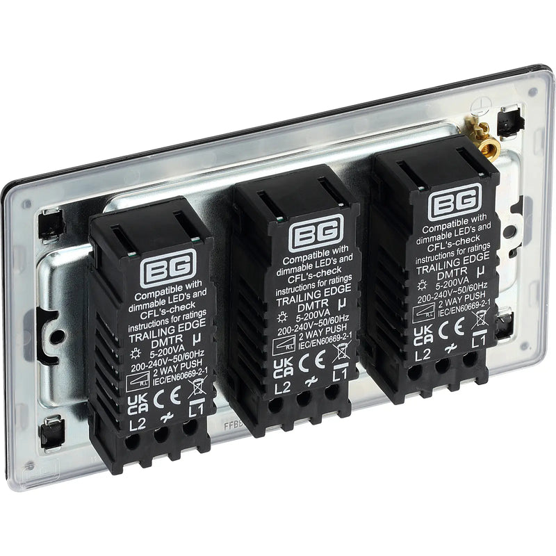BG Electrical Flatplate Screwless Matt Black - Triple, 2 way push 200W