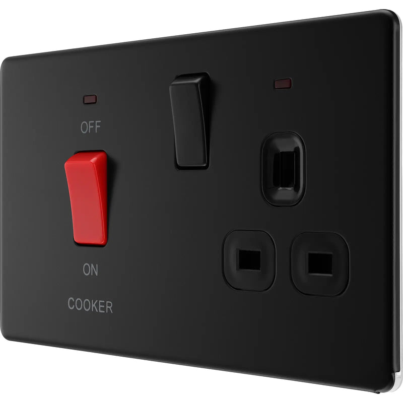 BG Electrical Flatplate Screwless Matt Black - 45A double pole, with switched socket and indicators
