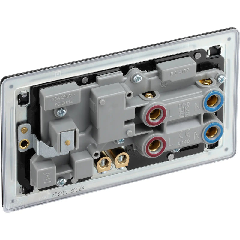 BG Electrical Flatplate Screwless Matt Black - 45A double pole, with switched socket and indicators