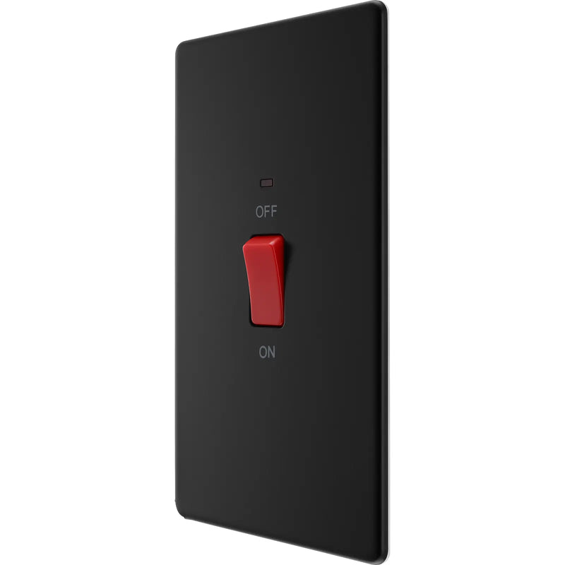 BG Electrical Flatplate Screwless Matt Black - 45A, double pole, large plate, with indicator