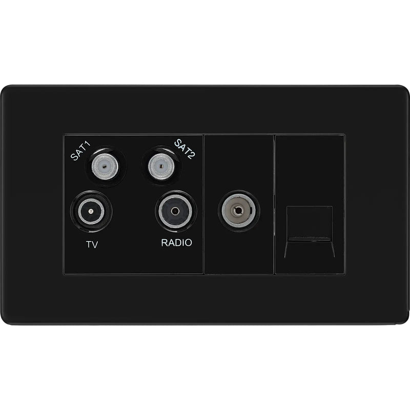 BG Electrical Flatplate Screwless Matt Black - Quadplex 2 x sat, BT outlet and co-ax returned - screened