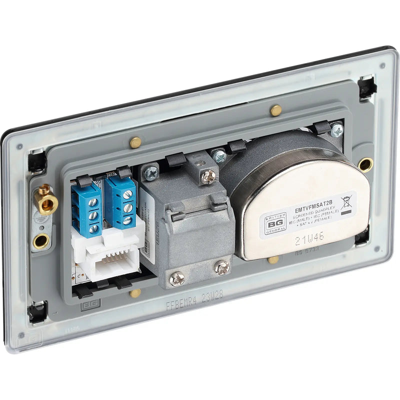 BG Electrical Flatplate Screwless Matt Black - Quadplex 2 x sat, BT outlet and co-ax returned - screened