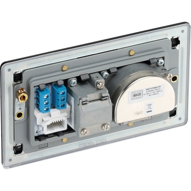 BG Electrical Flatplate Screwless Matt Black - Triplex with BT outlet and co-axial return - screened