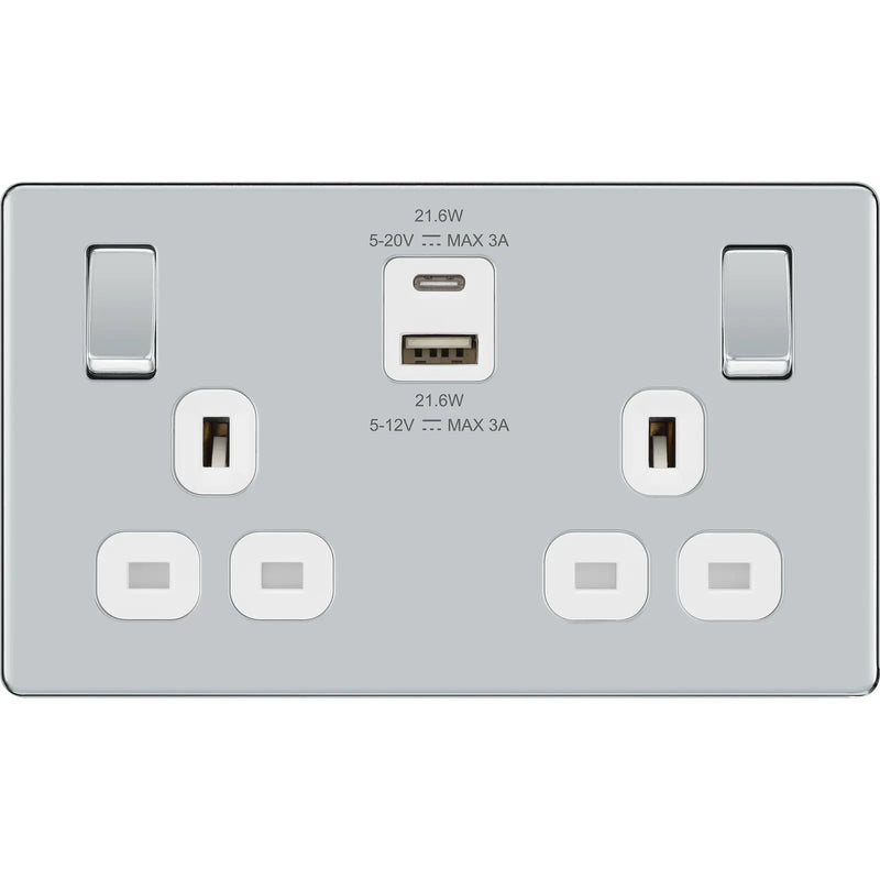 BG Electrical Flatplate Screwless Polished Chrome - Double switched single pole, with USB A + C (22W)